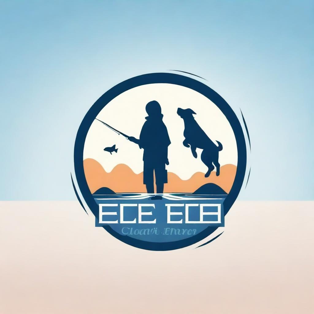 A high-quality, cinematic logo featuring a boy catching fish at the beach, accompanied by dogs, rendered in a realistic style