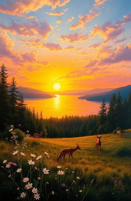 A stunning landscape painting depicting a serene sunset over a tranquil lake, surrounded by lush green forests