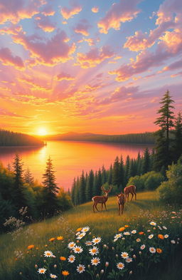 A stunning landscape painting depicting a serene sunset over a tranquil lake, surrounded by lush green forests