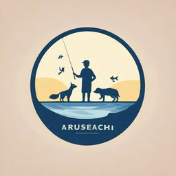 A high-quality, cinematic logo featuring a boy catching fish at the beach, accompanied by dogs, rendered in a realistic style