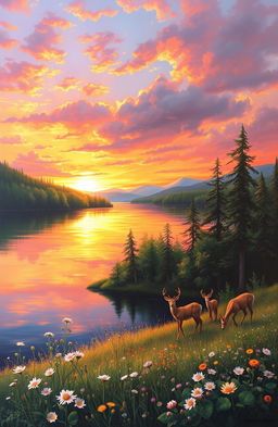 A stunning landscape painting depicting a serene sunset over a tranquil lake, surrounded by lush green forests