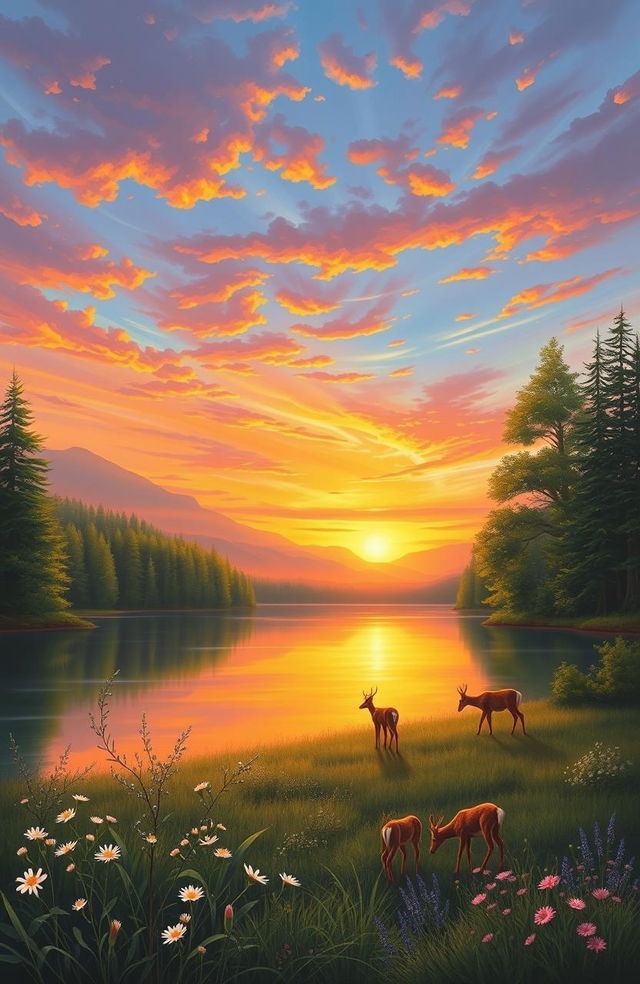 A stunning landscape painting depicting a serene sunset over a tranquil lake, surrounded by lush green forests