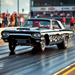 A 1965 black Ford Thunderbird Hotrod drag car, showcasing its sleek design and powerful stance