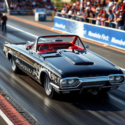 A 1965 black Ford Thunderbird Hotrod drag car, showcasing its sleek design and powerful stance