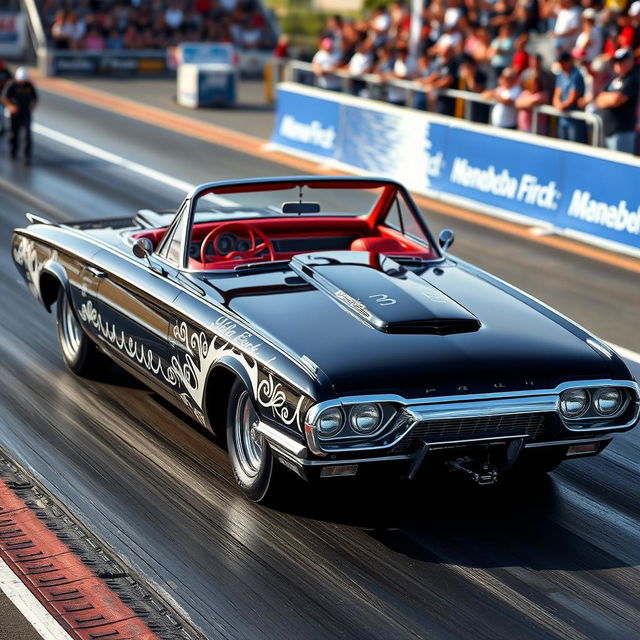 A 1965 black Ford Thunderbird Hotrod drag car, showcasing its sleek design and powerful stance