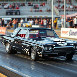 A 1965 black Ford Thunderbird Hotrod drag car, showcasing its sleek design and powerful stance