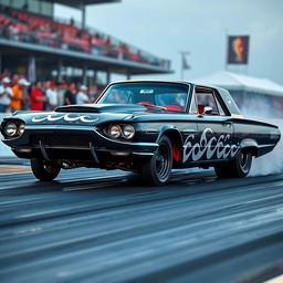A 1965 black Ford Thunderbird Hotrod drag car, showcasing its sleek design and powerful stance
