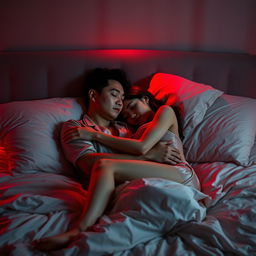 In a dimly lit bedroom at night, a Chinese man is lying down, gently hugging a beautiful and sexy woman who is wearing elegant pajamas