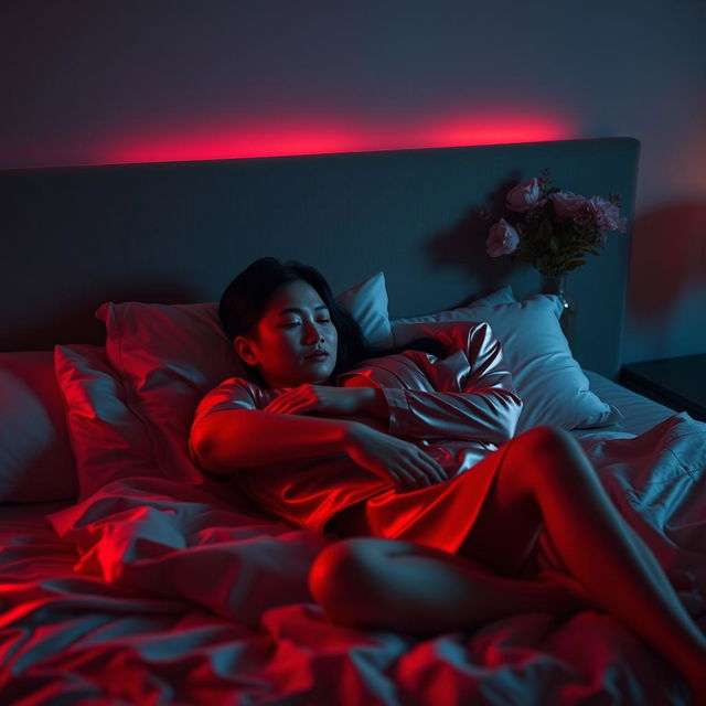 In a dimly lit bedroom at night, a Chinese man is lying down, gently hugging a beautiful and sexy woman who is wearing elegant pajamas