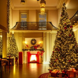 Festively decorated hotel interior for Christmas with glowing lights, Christmas trees, red and gold ornaments, lush green garlands, and warm fireplace