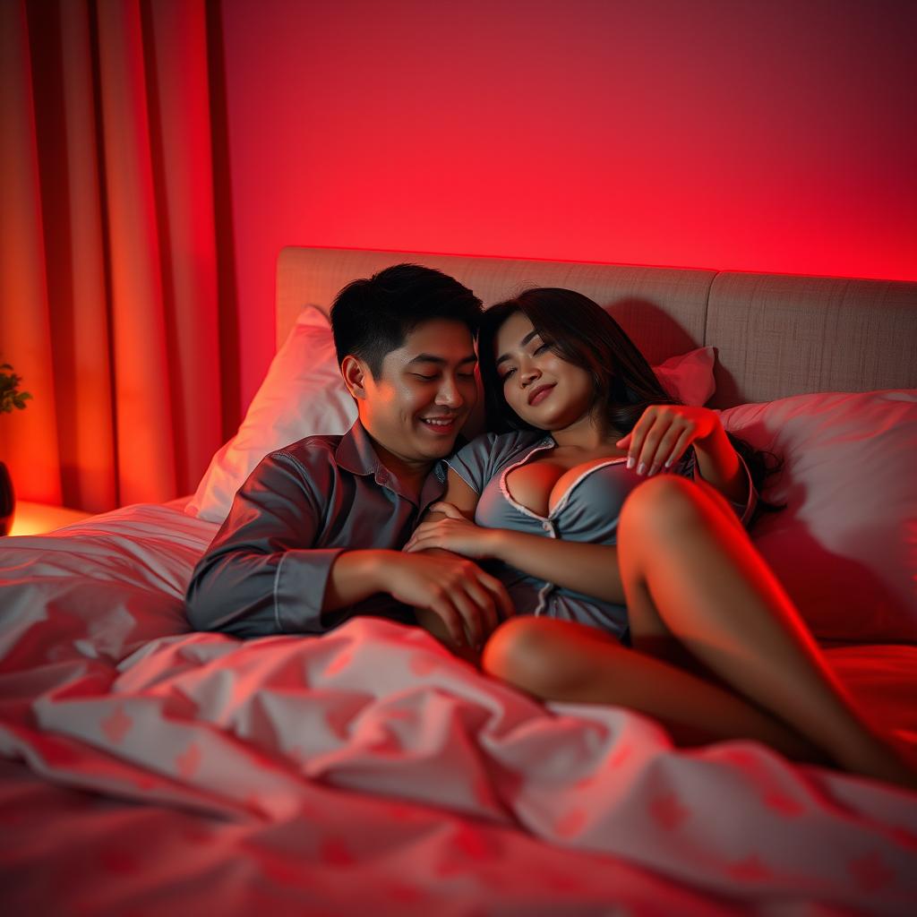 In a softly lit bedroom at night, a Chinese man is lying down, lovingly hugging a beautiful and sexy woman who is wearing stylish pajamas