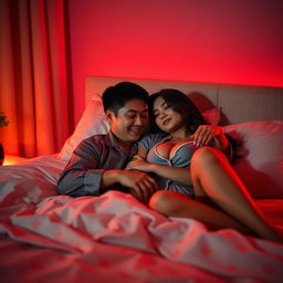 In a softly lit bedroom at night, a Chinese man is lying down, lovingly hugging a beautiful and sexy woman who is wearing stylish pajamas