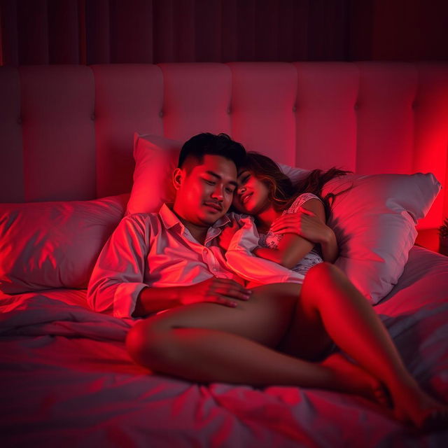 In a softly lit bedroom at night, a Chinese man is lying down, lovingly hugging a beautiful and sexy woman who is wearing stylish pajamas