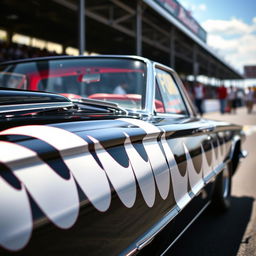 A 1965 black Ford Thunderbird hot rod drag car featuring striking white painted scallops on the body