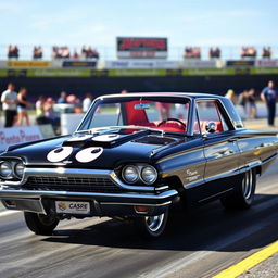 A 1965 black Ford Thunderbird hot rod drag car featuring striking white painted scallops on the body