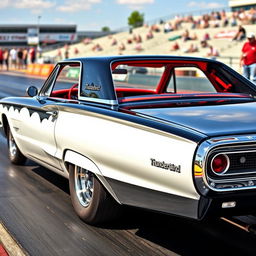 A 1965 black Ford Thunderbird hot rod drag car featuring striking white painted scallops on the body