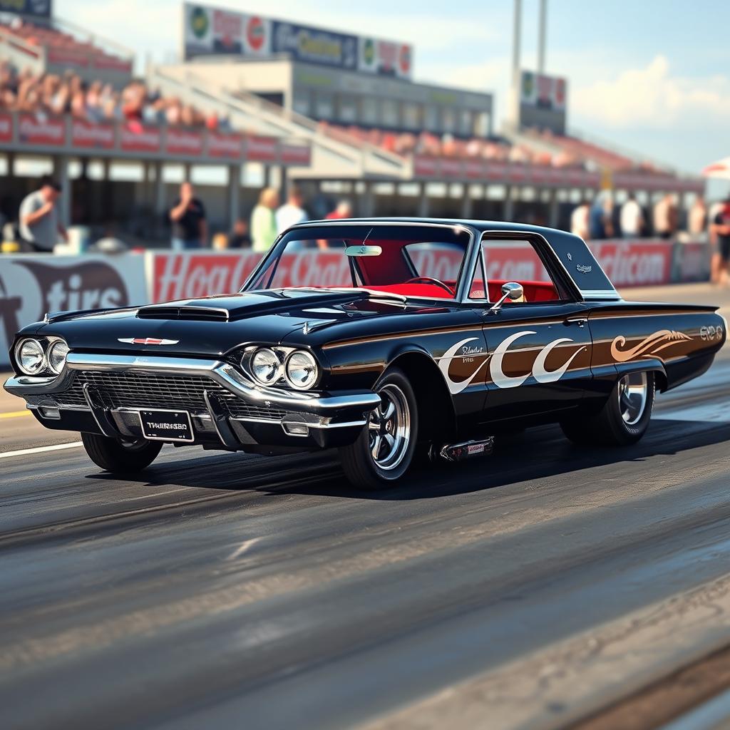 A 1965 black Ford Thunderbird hot rod drag car featuring striking white painted scallops on the body