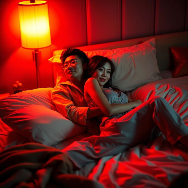 In a softly illuminated bedroom at night, a Chinese man is lying back, lovingly hugging a beautiful and sexy woman who is dressed in stylish pajamas