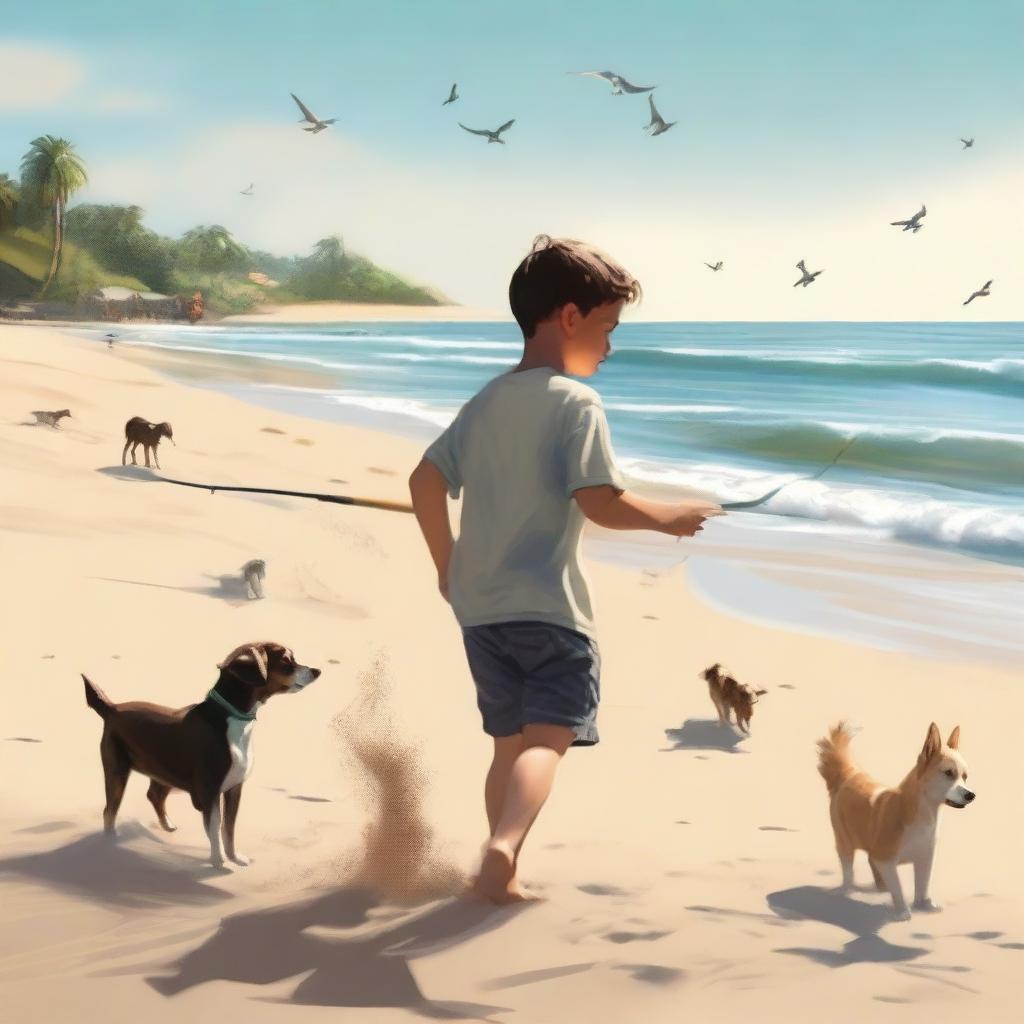 A high-quality, cinematic image in a realistic style, featuring a boy catching fish at the beach, accompanied by dogs frolicking in the sand