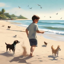 A high-quality, cinematic image in a realistic style, featuring a boy catching fish at the beach, accompanied by dogs frolicking in the sand