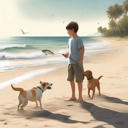 A high-quality, cinematic image in a realistic style, featuring a boy catching fish at the beach, accompanied by dogs frolicking in the sand