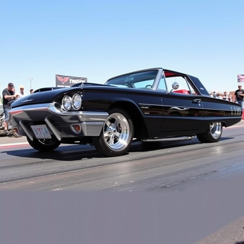 A classic 1965 black Ford Thunderbird custom Hotrod drag car, featuring a gleaming exterior with a luxurious red leather interior