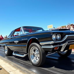A classic 1965 black Ford Thunderbird custom Hotrod drag car, featuring a gleaming exterior with a luxurious red leather interior
