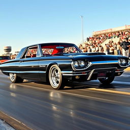 A classic 1965 black Ford Thunderbird custom Hotrod drag car, featuring a gleaming exterior with a luxurious red leather interior