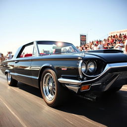A classic 1965 black Ford Thunderbird custom Hotrod drag car, featuring a gleaming exterior with a luxurious red leather interior