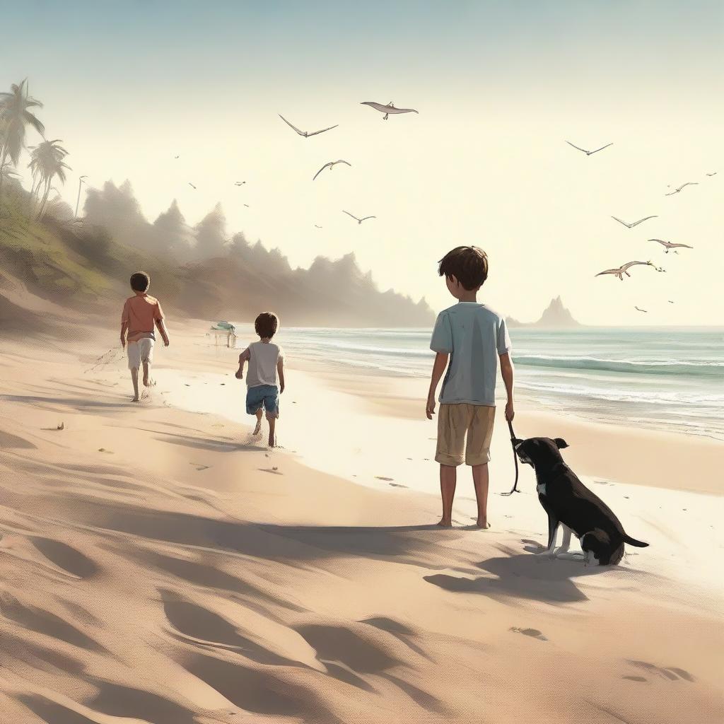 A high-quality, cinematic image in a realistic style, featuring a boy catching fish at the beach, accompanied by dogs frolicking in the sand