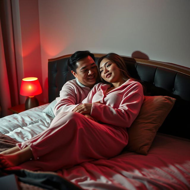 In a dimly lit bedroom at night, a Chinese man is lying comfortably on a plush bed, wrapped in a warm embrace with a beautiful and sexy woman dressed in cozy pajamas