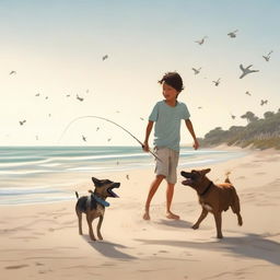 A high-quality, cinematic image in a realistic style, featuring a boy catching fish at the beach, accompanied by dogs frolicking in the sand