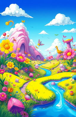 A vibrant and colorful illustration, showcasing a surreal landscape filled with fantastical elements such as oversized flowers, whimsical creatures, and a bright blue sky