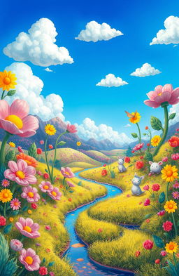 A vibrant and colorful illustration, showcasing a surreal landscape filled with fantastical elements such as oversized flowers, whimsical creatures, and a bright blue sky