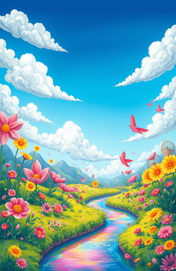 A vibrant and colorful illustration, showcasing a surreal landscape filled with fantastical elements such as oversized flowers, whimsical creatures, and a bright blue sky