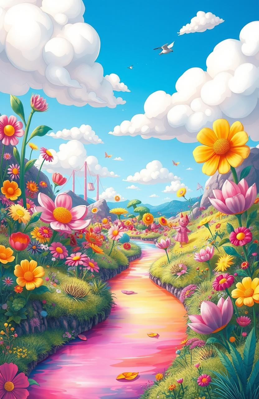 A vibrant and colorful illustration, showcasing a surreal landscape filled with fantastical elements such as oversized flowers, whimsical creatures, and a bright blue sky