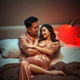 In a cozy bedroom at night, a Chinese man is lying down, tenderly hugging a beautiful and sexy woman dressed in elegant pajamas