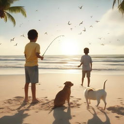 A high-quality, cinematic YouTube thumbnail in a realistic style, featuring a boy catching fish at the beach, accompanied by dogs frolicking in the sand