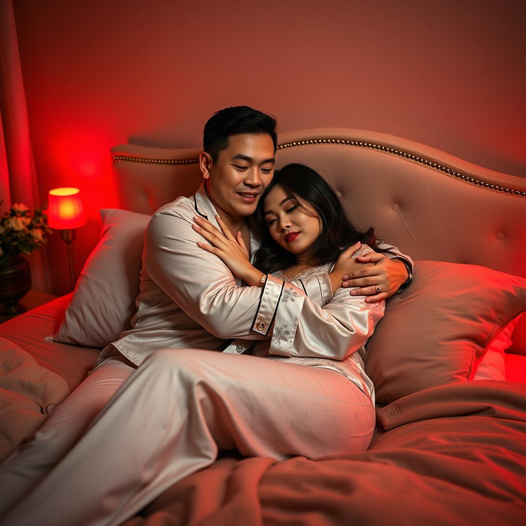 In a cozy bedroom at night, a Chinese man is lying down, tenderly hugging a beautiful and sexy woman dressed in elegant pajamas