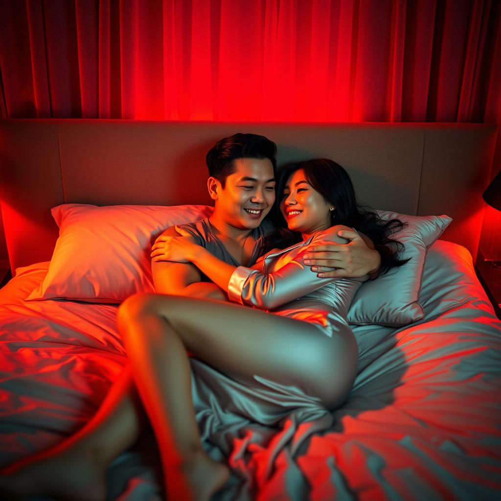 In a serene bedroom setting at night, a Chinese man is lying on a cozy bed, gently hugging a beautiful and sexy woman who is dressed in elegant pajamas