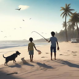 A high-quality, cinematic YouTube thumbnail in a realistic style, featuring a boy catching fish at the beach, accompanied by dogs frolicking in the sand