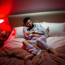 In a cozy bedroom at night, a Chinese man is lying on a plush bed, tenderly hugging a beautiful and sexy woman clad in stylish pajamas