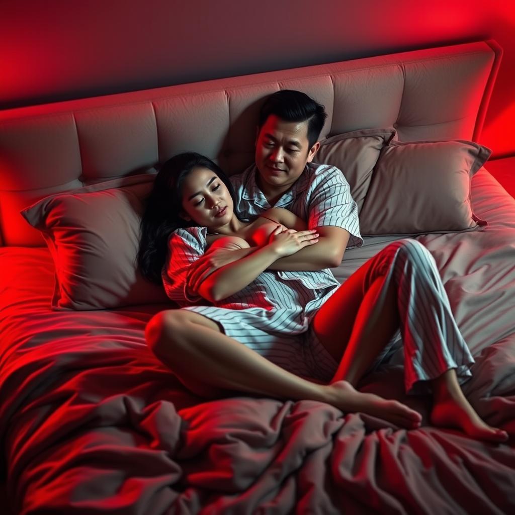 In a cozy bedroom at night, a Chinese man is lying on a plush bed, tenderly hugging a beautiful and sexy woman clad in stylish pajamas