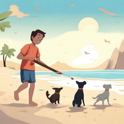 A high-quality, cinematic YouTube thumbnail in a realistic style, featuring a boy catching fish at the beach, accompanied by dogs frolicking in the sand