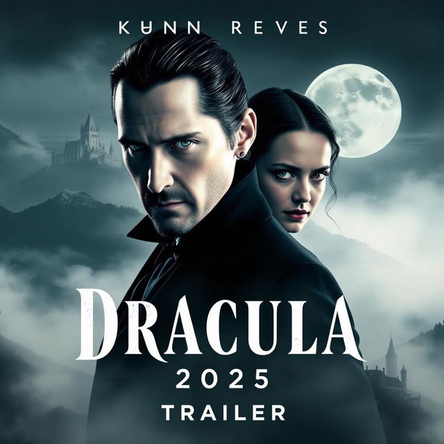 An enticing promotional poster for 'Dracula 2025 - Trailer', showcasing Keanu Reeves as the powerful and enigmatic Count Dracula, depicted in a dark, tailored Victorian suit, exuding an air of charm and menace