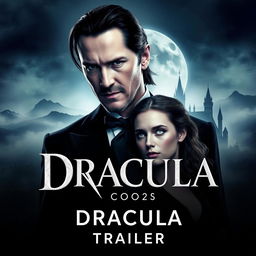 An enticing promotional poster for 'Dracula 2025 - Trailer', showcasing Keanu Reeves as the powerful and enigmatic Count Dracula, depicted in a dark, tailored Victorian suit, exuding an air of charm and menace