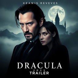 An enticing promotional poster for 'Dracula 2025 - Trailer', showcasing Keanu Reeves as the powerful and enigmatic Count Dracula, depicted in a dark, tailored Victorian suit, exuding an air of charm and menace