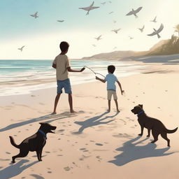 A high-quality, cinematic YouTube thumbnail in a realistic style, featuring a boy catching fish at the beach, accompanied by dogs frolicking in the sand