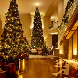 Festively decorated hotel interior for Christmas with glowing lights, Christmas trees, red and gold ornaments, lush green garlands, and warm fireplace