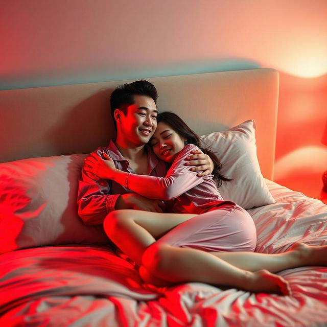 In an intimate bedroom setting at night, a Chinese man is lying on a plush bed, warmly hugging a beautiful and sexy woman who is dressed in stylish pajamas